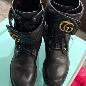 Gucci Black Leather GG Buckle Lace-Up Combat Boots